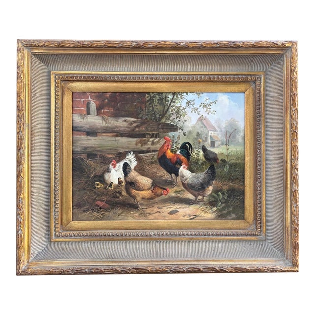 Framed Oil-on-Board Farmyard Scene in the Dusseldorf School Style, Circa Mid-Century For Sale