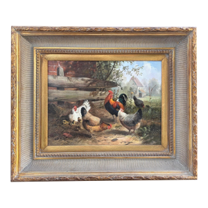 Framed Oil-on-Board Farmyard Scene in the Dusseldorf School Style, Circa Mid-Century