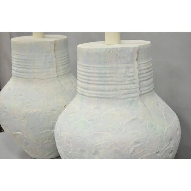 Ceramic Vintage Postmodern Beach House Ceramic Plaster White Bulbous Table Lamps, a Pair For Sale - Image 7 of 11