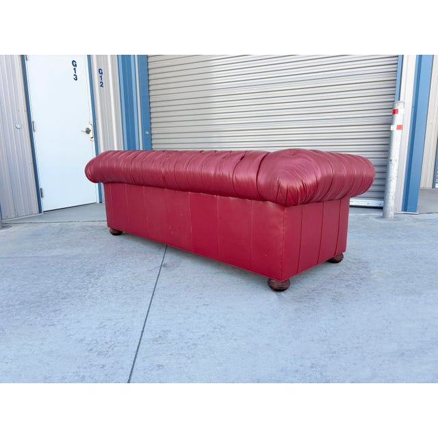 Red 1980s Vintage Tufted Red Leather Rolled-Arm Chesterfield Sofa For Sale - Image 8 of 11