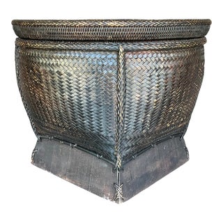 Vintage Woven Rattan Lidded Basket For Sale