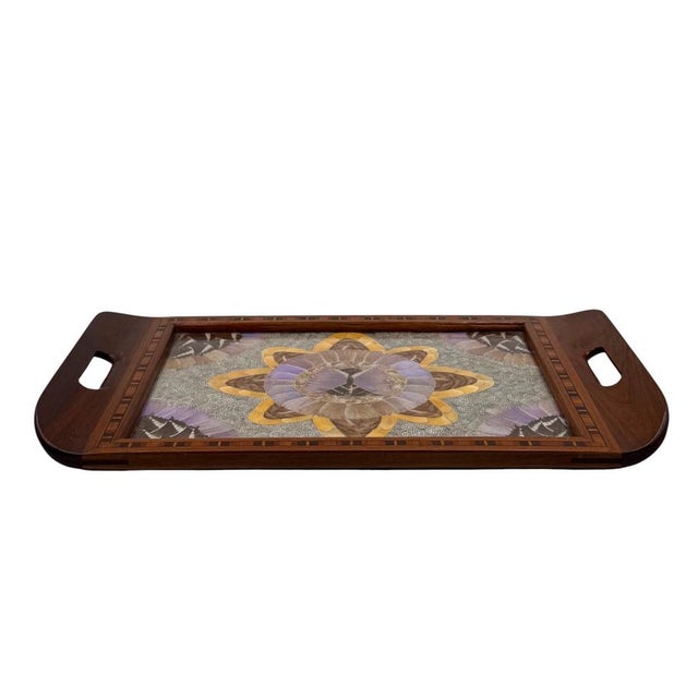 Mid-Century Modern Inlaid Wood and Butterfly Wing Tray, Brazil, 1950s For Sale - Image 12 of 12