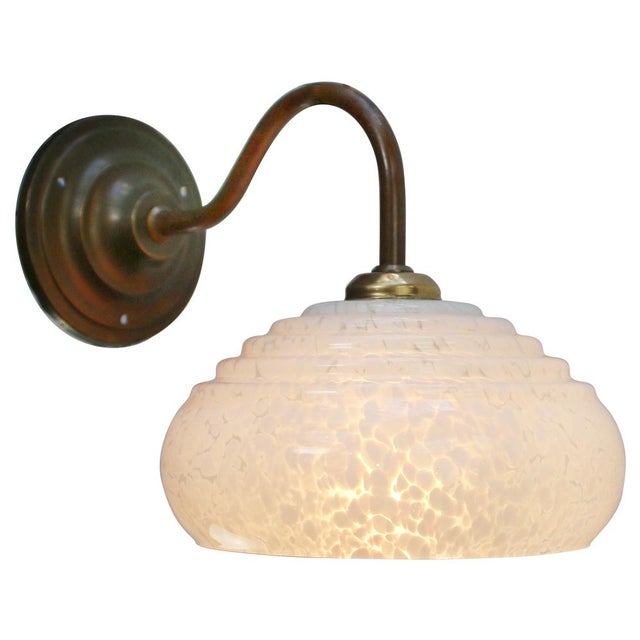 French wall lamp “Clichy” white coloured glass Brass wall piece and arm E14 bulb holder diameter brass wall mount: 10 cm /...