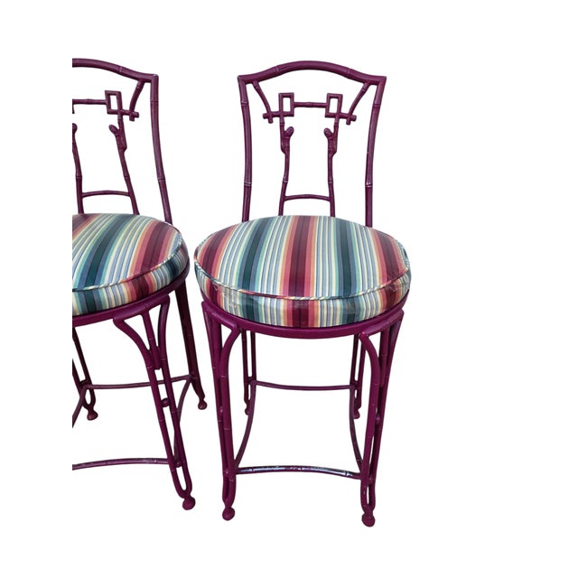 2 Vintage Chinese Chippendale Regency Side Chair Counter Stools Aluminum Bamboo For Sale - Image 4 of 16