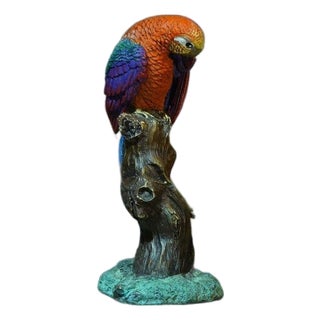 Brass Parrot Figurine – 6.7" Colorful Bird Sculpture on Tree Branch For Sale