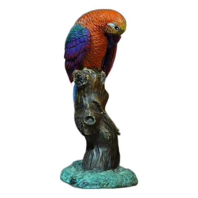 Brass Parrot Figurine – 6.7" Colorful Bird Sculpture on Tree Branch For Sale