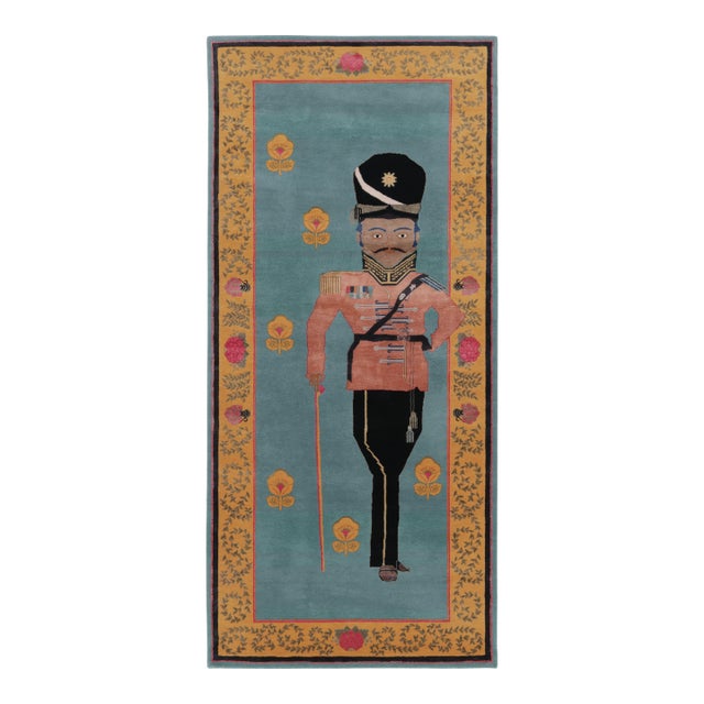 Rug & Kilim’s Modern Classics "Sipahi" Pictorial Runner Rug, Bristol Blue & Gold For Sale