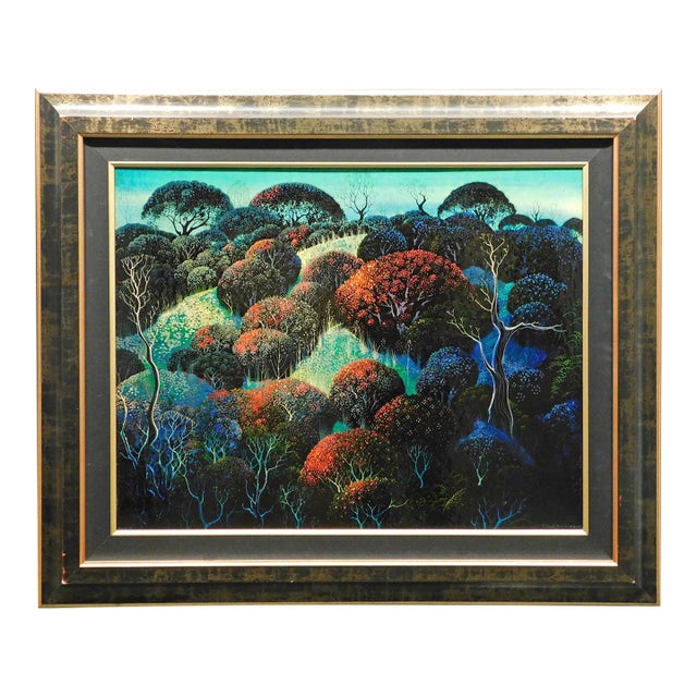 Eyvind Earle "Holly Covered Hills" Hand Signed Original Oil on Panel Framed For Sale