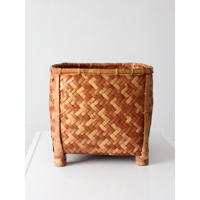 Vintage Woven Bamboo Storage Basket With Geometric Herringbone Pattern For Sale - Image 4 of 12