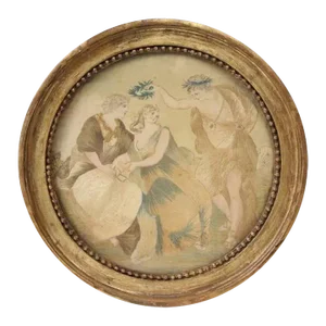 Antique 18th Century Silk Needlework & Watercolor Depicting Apollo Gracing Two Lovers in Original Round Gilt Wood Frame
