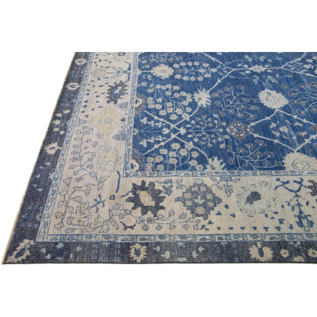 Apadana's Artisan Collection Blue Handmade Floral Indian Wool Rug For Sale - Image 4 of 7