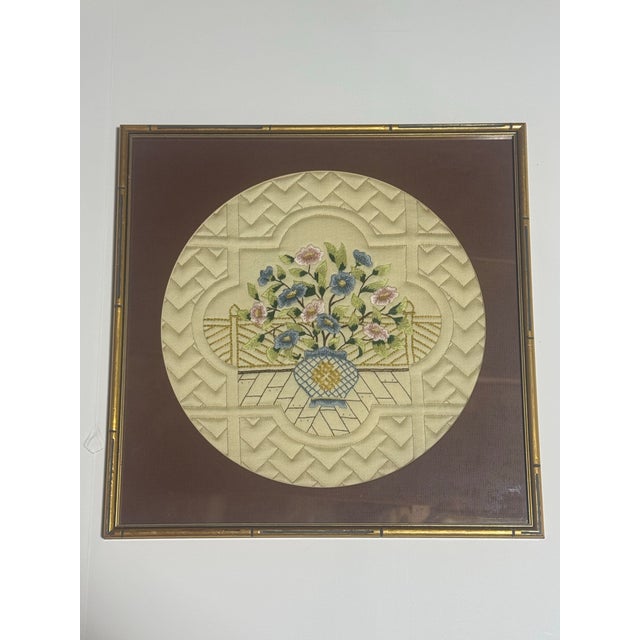 1970s 1970s 16” Gold Framed Matted Asian Embroidery For Sale - Image 5 of 5