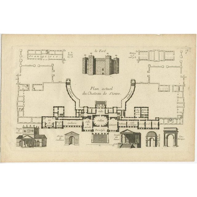 Antique print titled 'Plan actuel du Chateau de Stowe'. Copper engraving showing a plan and elements of the Stowe House....