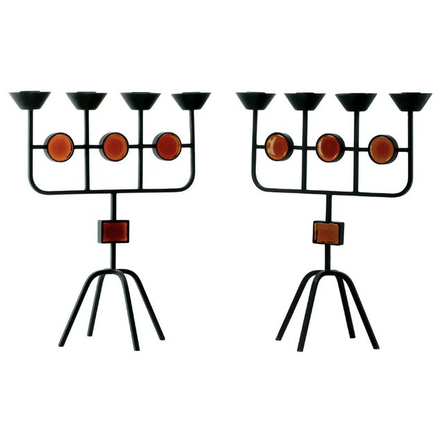 Gunnar Ander Red Glass and Wrought Iron Candelabras by Gunnar Ander for Ystad Metall, 1950s, Set of 2 For Sale - Image 4 of 11