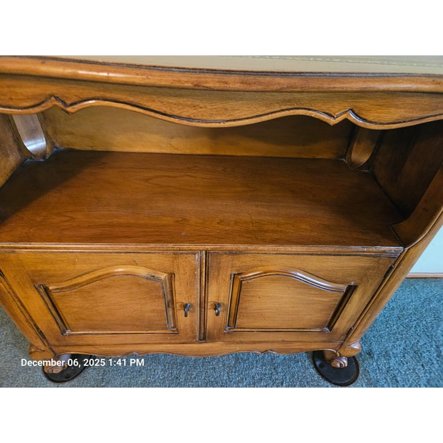 Brown French Country 1950s Maple Hall Entry Cabinet Side Table Dry Bar Leather Tooled Top For Sale - Image 8 of 10
