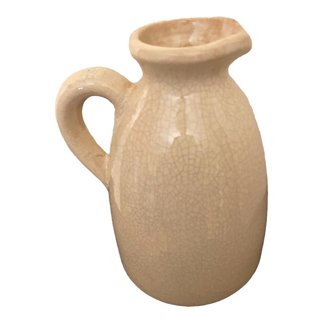 Vintage Cream Stoneware Pitcher Heavy Crackle Glaze Rustic Farmhouse Jug Vase For Sale
