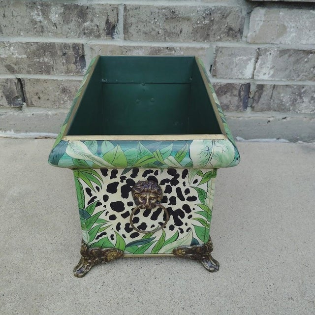 French Vintage John Richard Jungle Leopard Print Tole Metal Planter Cachepot W/Brass Lion Head Rings Ornate Feet For Sale - Image 3 of 10