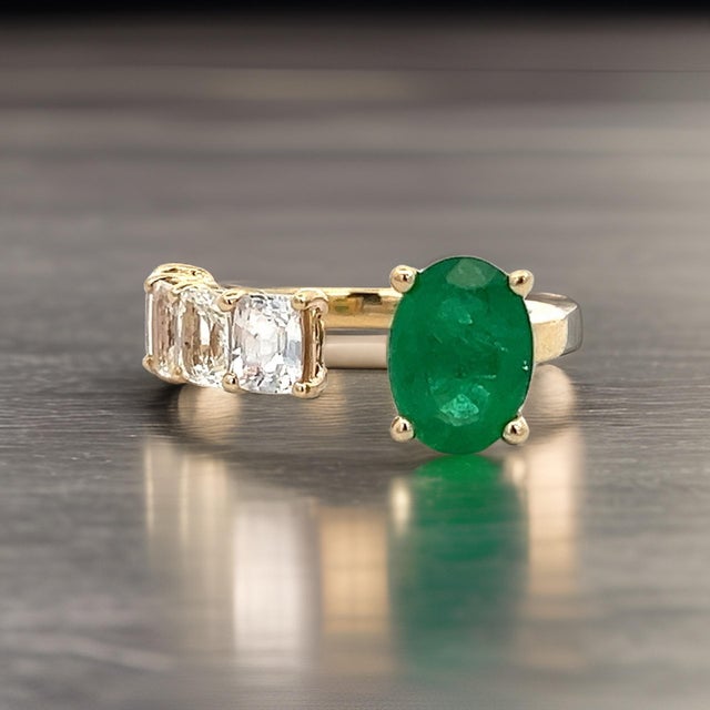 Natural Emerald and White Sapphire Ring 6.5 14k Y Gold 4.05 TCW Certified For Sale - Image 10 of 18