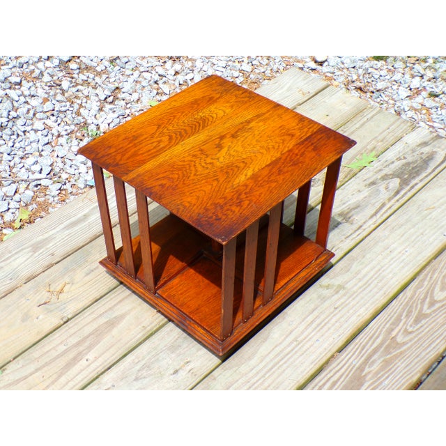 Antique Mission Era Solid Oak Desktop Revolving Bookcase For Sale - Image 4 of 16