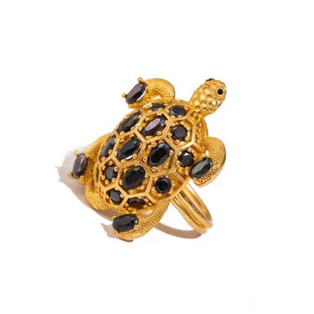 Early 21st Century Protective Turtle Black Onyx & Gold Chunky Adjustable Ring, Size 8 For Sale - Image 5 of 7