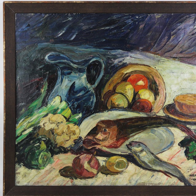 Nandor Vagh Weinmann Original Still Life Oil Painting - Fish, Fruit, and Blue Jug For Sale - Image 4 of 14