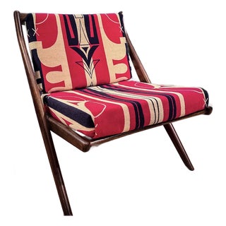 MCM Walnut Chair With Vintage Pendleton Will Upholstery For Sale