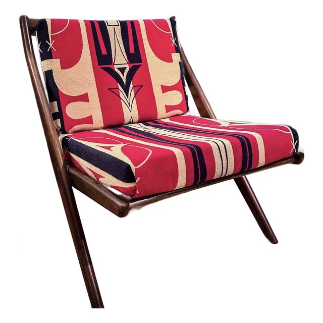 MCM Walnut Chair With Vintage Pendleton Will Upholstery For Sale