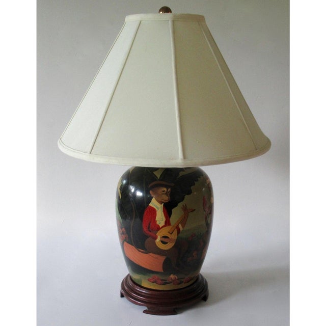 Wood C.1950's-60's Gump'S Dept. Store Asian Chinoiserie Porcelain Ceramic Ginger Jar Lamp With Monkey Motif For Sale - Image 7 of 12