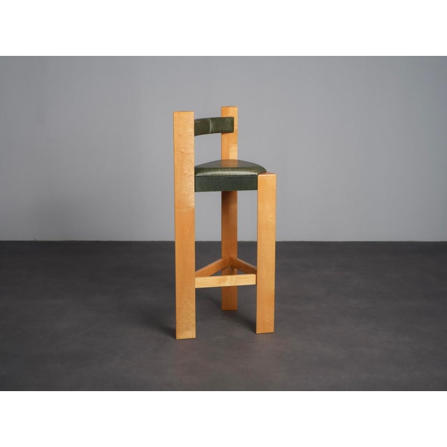 Architectural Wood and Leather Bar Stools, Netherlands, 1990s, Set of 3 For Sale - Image 4 of 11