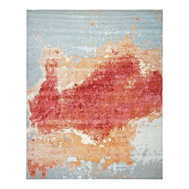 Indo-Nepalese Modern Wool & Silk 9x12 Grey, Orange, & Red Handmade Area Rug #1144036 For Sale