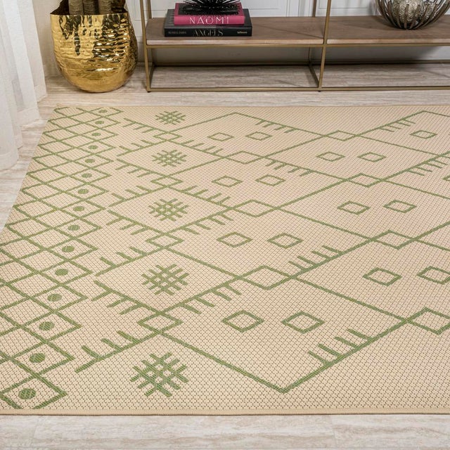 Moroccan Indoor & Outdoor Beige & Green 5 ft. x 8 ft. Area Rug | Chairish