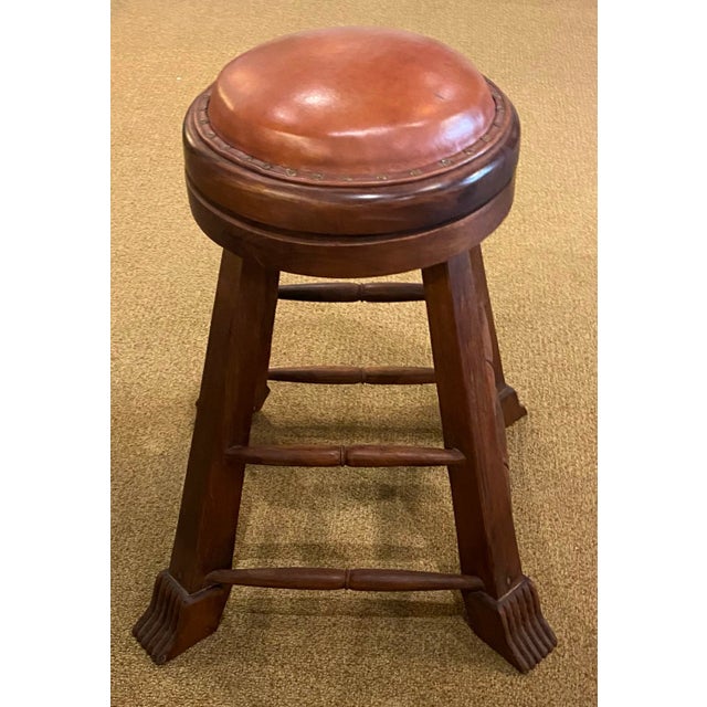 Brown Vintage Mid Century Stool with Wood Base and Leather Swivel Seat For Sale - Image 8 of 8