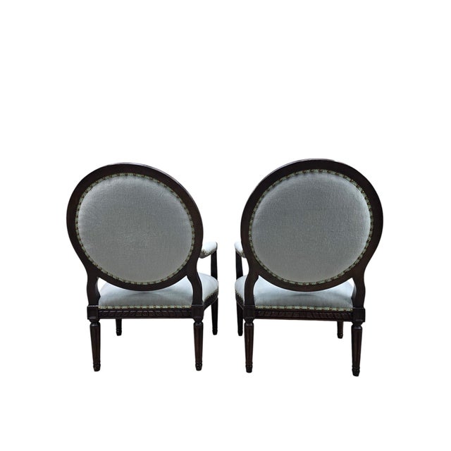 Vintage Louis XVI Style Medallion Back Armchairs Newly Reupholstered - Pair For Sale - Image 12 of 12
