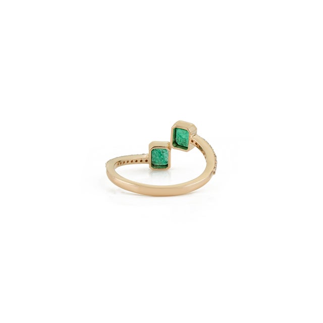 14k Gold Open Bypass Octagon Cut Emerald & Diamond Toi Et Moi Ring Size 9 For Sale - Image 10 of 17
