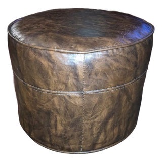 1990s Vintage Mid Century Modern Round Brown Vinyl Ottoman Footstool For Sale