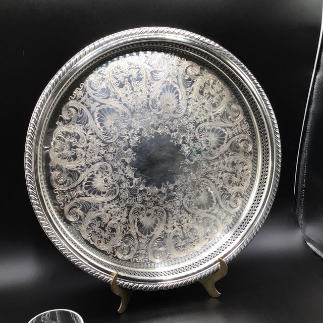 Round Wm Rogers Silver Plated Pierced Rim Serving Tray With 8 Brandy Gardone Glass by Schott-Zwiesel - Set of 9 For Sale - Image 11 of 12
