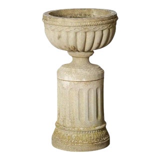 English Garden Stone Urn on Plinth in the Neo-Classical Style For Sale