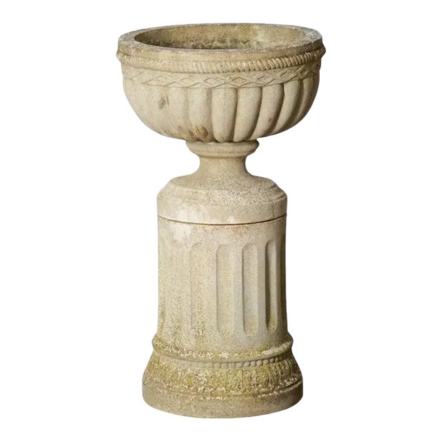 English Garden Stone Urn on Plinth in the Neo-Classical Style For Sale