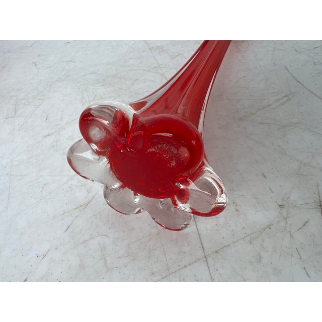 Mid 20th Century Mid Century Tall Red Glass Bud Vase With Clear Elepant Foot For Sale - Image 5 of 8