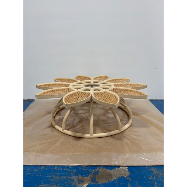 Baker McGuire J. Durie Sunflower Cocktail Table. Sunflower shape, rattan insert. Wood frame. Unfinished, no glass, As Is....