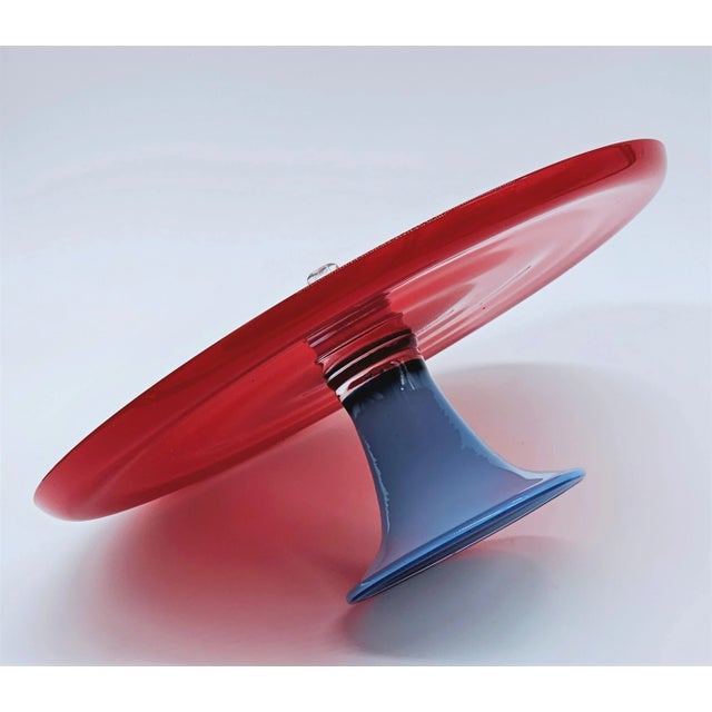1950s Vintage Venini Red and Blue Murano Glass Footed Sauce For Sale - Image 5 of 11