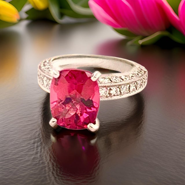 Platinum Diamond Tourmaline Rubellite Ring 3 Platinum 3.72 TCW Certified For Sale - Image 8 of 17