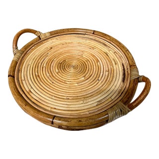 Coastal Style Pencil Reed Coiled Rattan Serving Tray. Circa 1980s For Sale