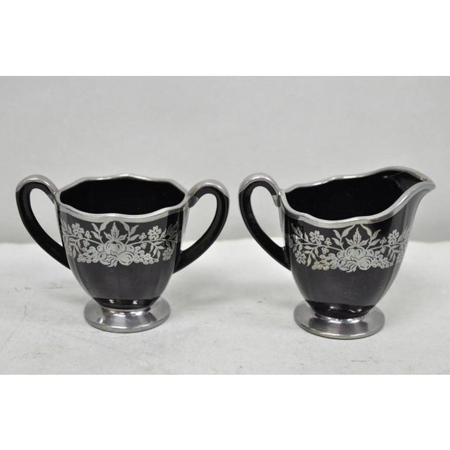 Art Deco Vintage Rockwell Black Amethyst Glass Creamer Sugar Set Sterling Silver Overlay For Sale - Image 3 of 14