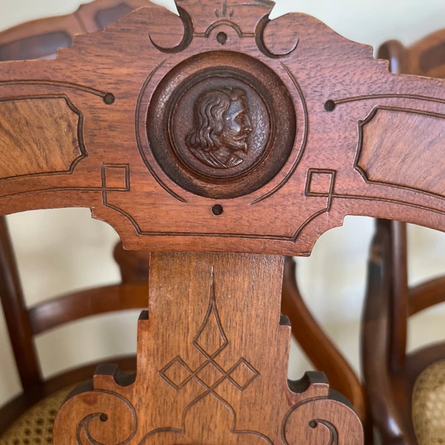 Late 19th Century Walnut Cane Bottom Chairs With Burl Inlay Set of 6