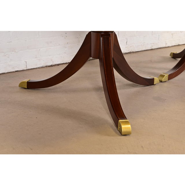 Baker Furniture Style Georgian Banded Mahogany Double Pedestal Extension Dining Table, Newly Refinished For Sale - Image 9 of 11