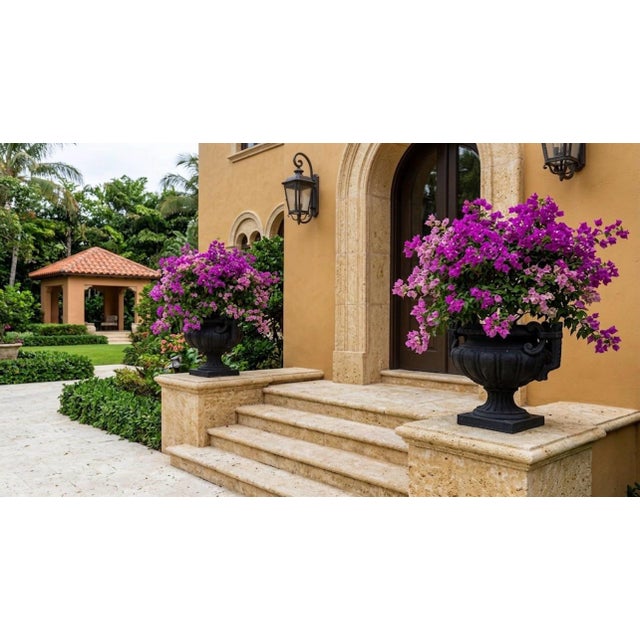 Black Pair of Vintage Neo-Classical Cast Iron Style Garden Urns – Matte Black For Sale - Image 8 of 12