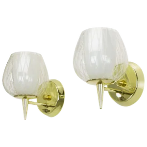 Gerald Thurston for Lightolier Etched Glass and Brass Sconces - a Pair
