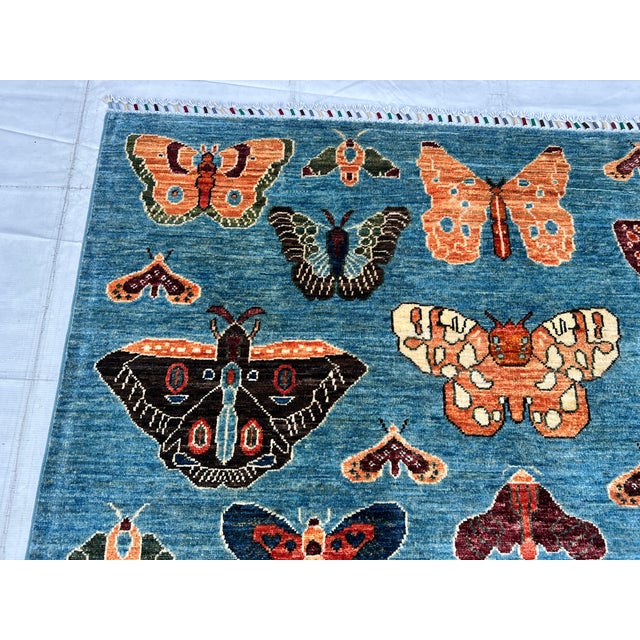 Denim Blue Butterfly Moth Pictorial Hand-Knotted Wool Rug - 4'11" X 6'6" For Sale - Image 10 of 10