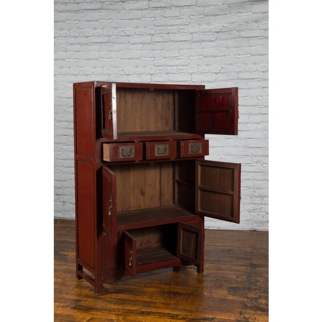 Asian Red Lacquer Cabinet With Multiple Carved Doors From China, Mid-19th Century For Sale - Image 3 of 12